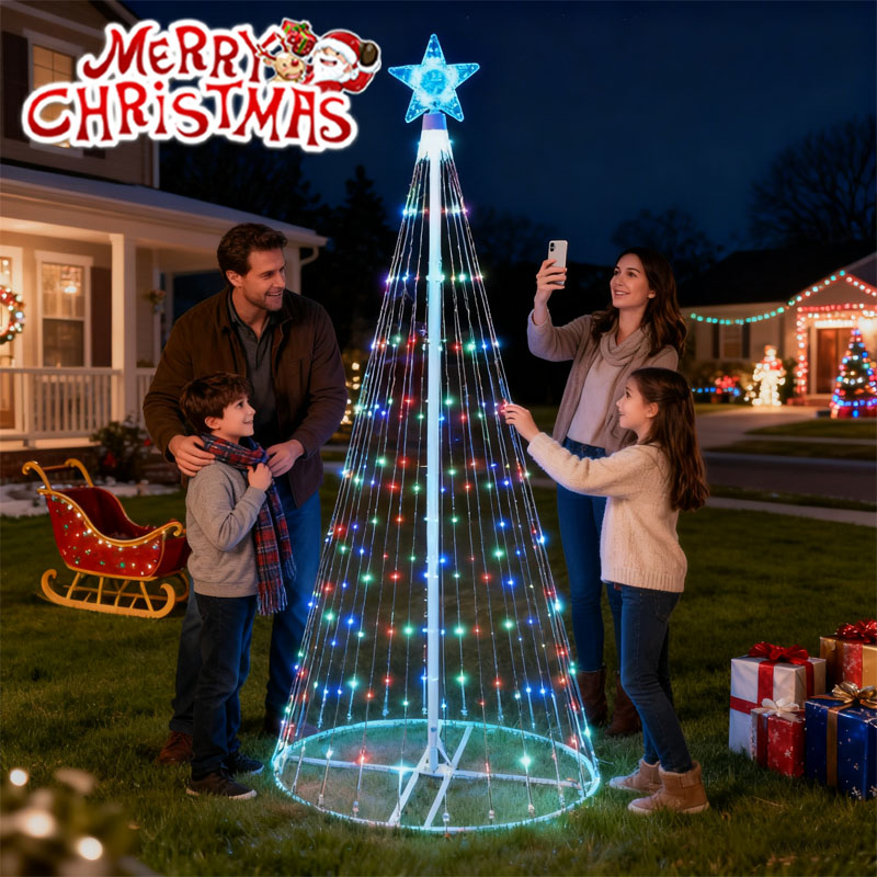Star Tree Topper - Solarbetriebene LED-Wasserfall-Lichterkette, Weihnachtsbaumspitze, fünfzackiger Stern, Wasserfall-Design,