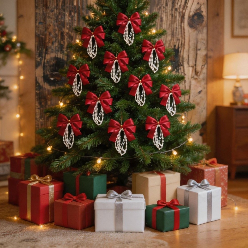 Gift Box Wrap Set - 12-teiliges Set Weihnachtsbaumschleifen, goldene Drehverschlüsse, rote