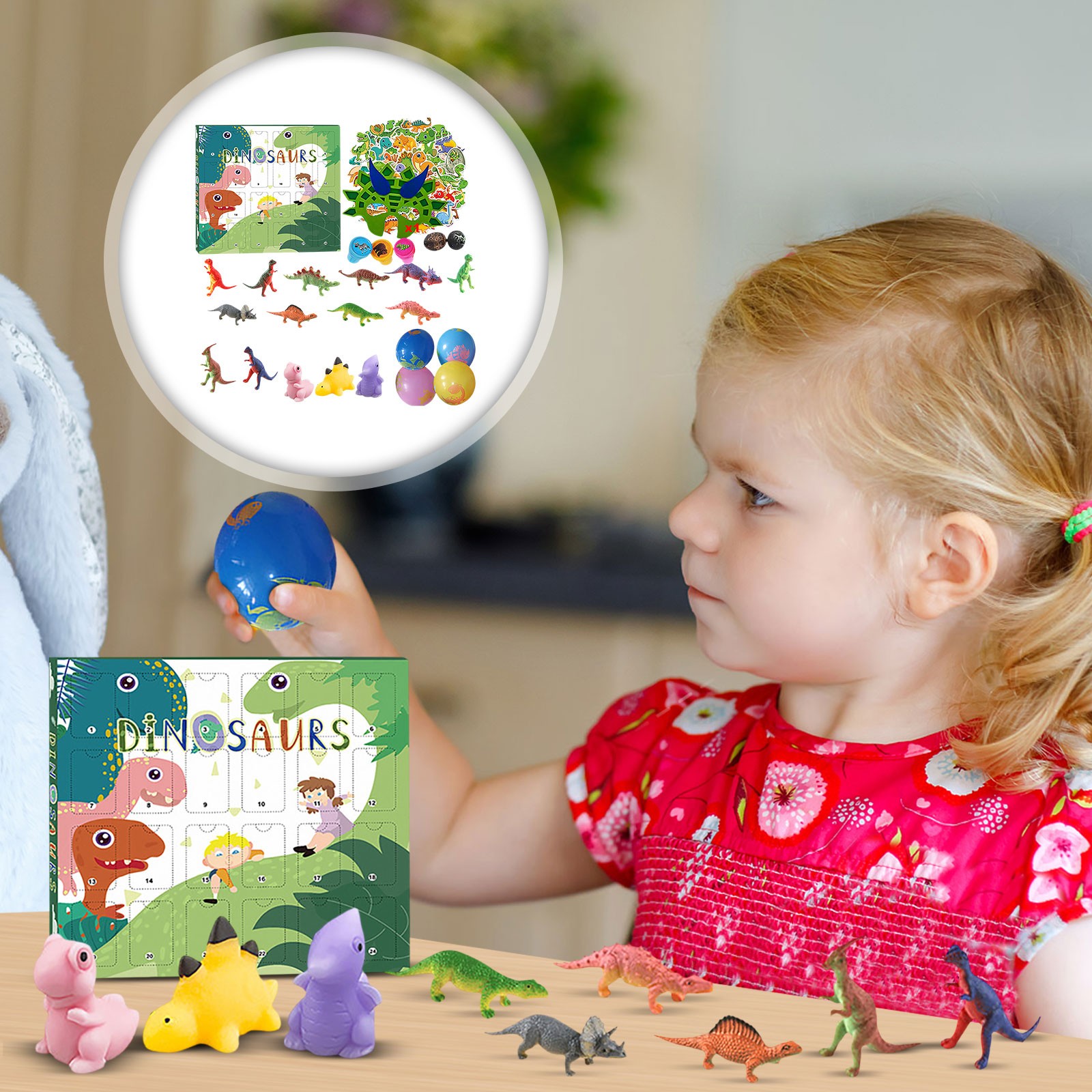 Advent Calendar Gift - Weihnachts-Adventskalender, 3D-Dinosaurier-Ornamente + 50 Aufkleber, 24-Tage-Überraschung,