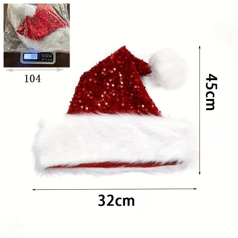 Santa Hat Plush - Weihnachtsmütze mit Pailletten, einfarbig, glitzernd, Weihnachtsmannmütze